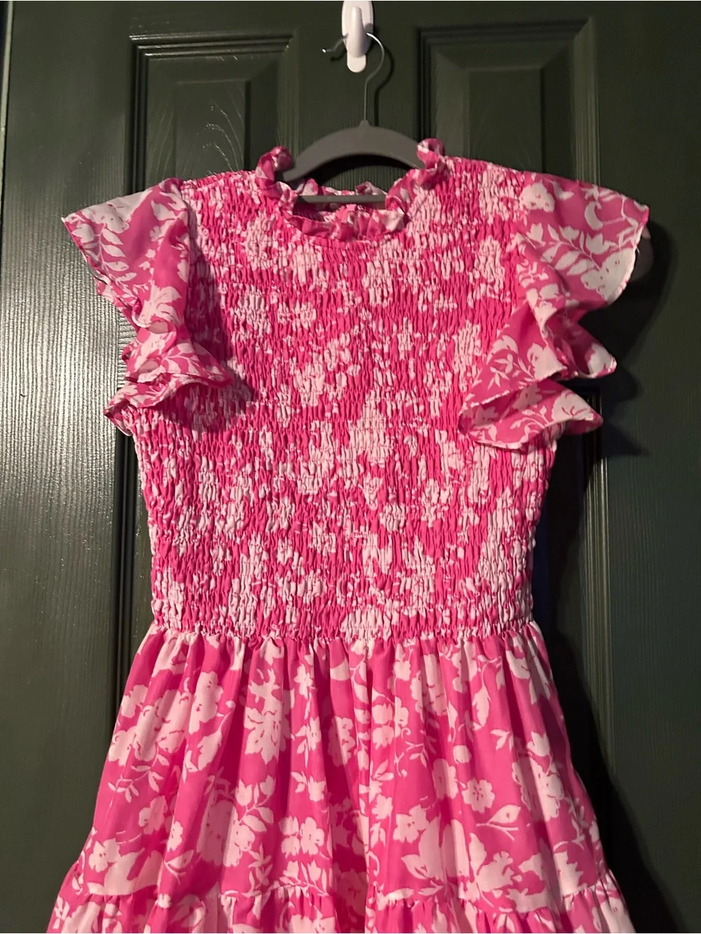 Girls' Pink Floral Smocked Ruffle Dress
